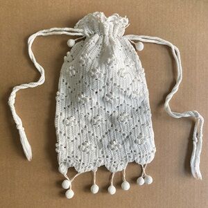 Victorian Crocheted White Cinched Tassled Drawstring Handbag